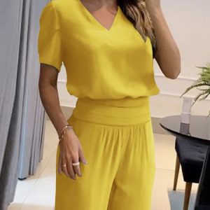 Short sleeve Regular Fit Casual Plain V Neck Shirt, Blouses and Shirts, color:Yellow|size:XXL, Stylewe