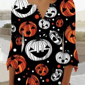 Casual Halloween V Neck Regular Fit Shirt, Shirts & Blouses, color:Orange|size:XXL, JustFashionNow