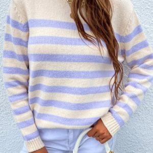 Women Yarn/Wool Yarn Striped Long Sleeve Comfy Casual Sweater, Sweaters, color:Apricot|size:XL, Noracora
