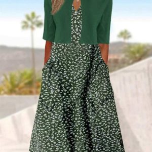 V Neck Casual Two-Piece Set, Sets, color:Green|size:XXL, Noracora