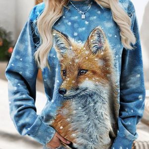 Casual Snowflake Fox Loose Knit Sweatshirt, Sweatshirts & Hoodies, color:Blue|size:XXL, JustFashionNow