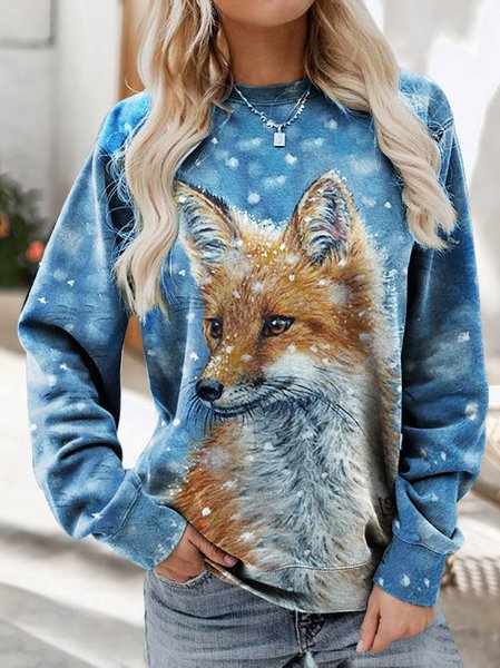 Casual Snowflake Fox Loose Knit Sweatshirt, Sweatshirts & Hoodies, color:Blue|size:XXL, JustFashionNow