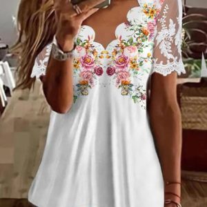 Lace Edge Elegant V Neck Shirt, Shirts & Blouses, color:White|size:XXL, JustFashionNow