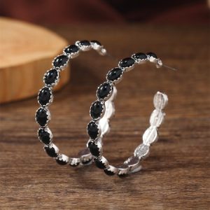 Natural Turquoise Geometric Hoop Earrings Ethnic Retro Women's Jewelry, Earrings, color:Black|size:One-size, JustFashionNow