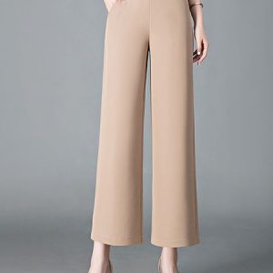 Casual Plain Natural Ankle Pants Wide Leg Pants, Pants, color:Khaki|size:3XL, Noracora