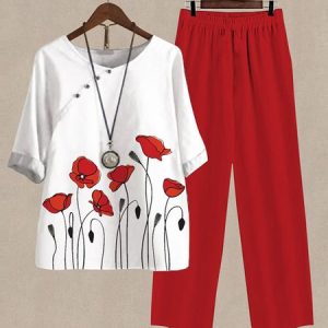 Casual Floral Regular Fit Two-Piece Set, Suit Set, color:Red|size:3XL, JustFashionNow