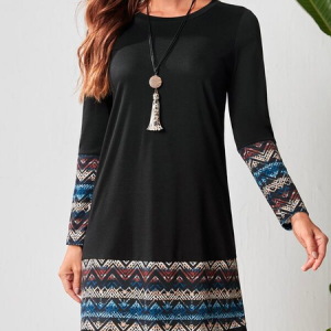 Boho Crew Neck Ethnic Loose Dress, Dresses, color:Black|size:XXL, JustFashionNow