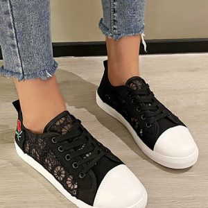 Breathable Mesh Rose Embroidery Lace-Up Canvas Shoes, Sneakers, color:Black|size:40, JustFashionNow