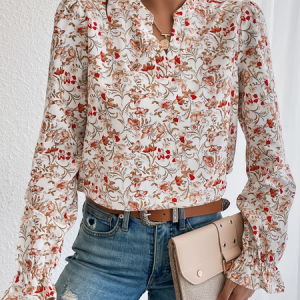 Floral Stand Collar Casual Top, Shirts & Blouses, color:Red|size:XXL, JustFashionNow