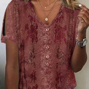 Loose Casual V Neck T-Shirt, Blouses, color:Red|size:XXL, Noracora