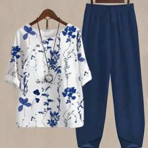 Women Floral Buckle Two-Piece Set Daily Three Quarter Sleeve Casual Spring/Fall Top With Pants Matching Set, JustFashionNow Suit Set, color:white-blue|size:XXL,