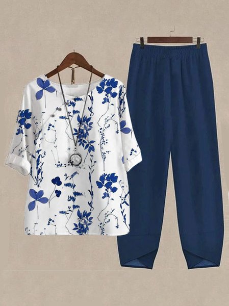 Women Floral Buckle Two-Piece Set Daily Three Quarter Sleeve Casual Spring/Fall Top With Pants Matching Set, JustFashionNow Suit Set, color:white-blue|size:XXL,
