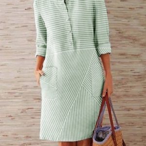 Women Striped Crew Neck Long Sleeve Comfy Casual Short Dress, Short, color:Aqua|size:3XL, Noracora