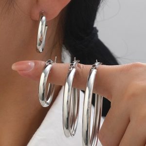 Hoop Earrings, Earring, color:Silver|size:One-size, Noracora