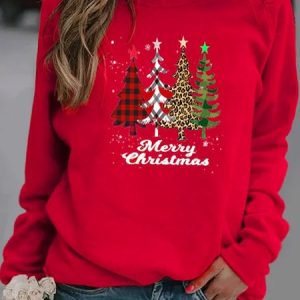 Plus Size Crew Neck Vintage Christmas Long Sleeve Cotton-Blend Shirts & Tops, Long sleeve tops, color:Red|size:3XL, JustFashionNow