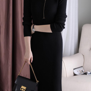 Women Plain Crew Neck Long Sleeve Comfy Casual Midi Dress, Dresses, color:Black|size:3XL, Noracora