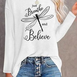 Casual Dragonfly Graphic Design Crew Neck Knit Long Sleeve T-Shirt, T-Shirts, color:White|size:XXL, JustFashionNow
