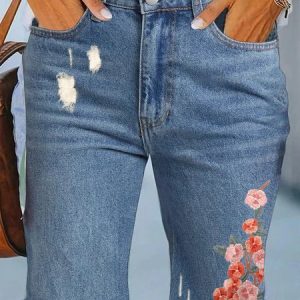 Casual Floral Embroidery Denim Regular Fit Shorts Jeans, Shorts, color:Blue|size:XXL, JustFashionNow