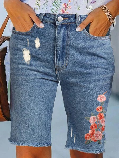 Casual Floral Embroidery Denim Regular Fit Shorts Jeans, Shorts, color:Blue|size:XXL, JustFashionNow