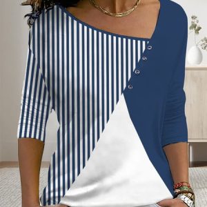 Womens Tops Patchwork Print V Neck Casual Long Sleeve T Shirt, T-Shirts, color:Navy Blue|size:3XL, JustFashionNow