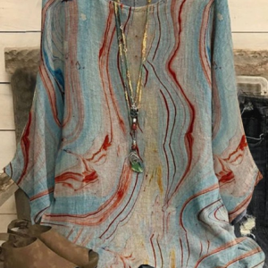 Plus Size Casual Crew Neck Printed Long Sleeve Top, TOPS, color:Blue|size:4X, Noracora