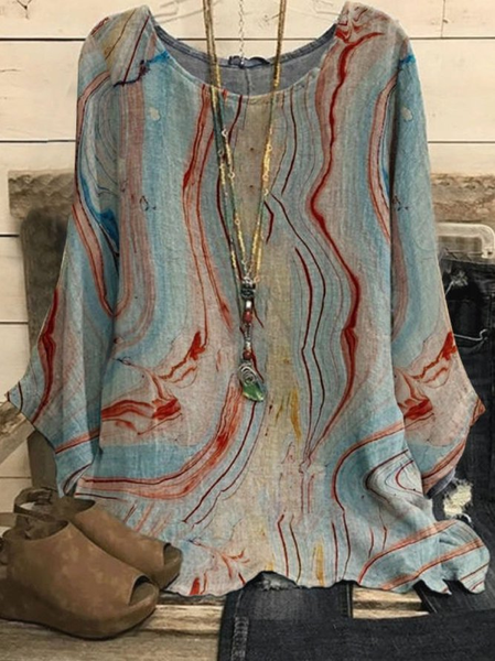 Plus Size Casual Crew Neck Printed Long Sleeve Top, Shirts & Blouses, color:Blue|size:4X, JustFashionNow