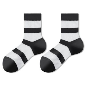 1pair Breathable Color Block Striped Mid-calf Socks, Socks, color:Black-white|size:One-size, JustFashionNow