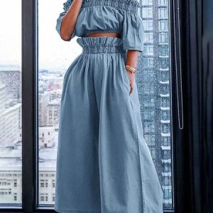 Plus Size Loose Denim Vacation Plain Pants, Plus Bottoms, color:Light Blue|size:4X, Stylewe