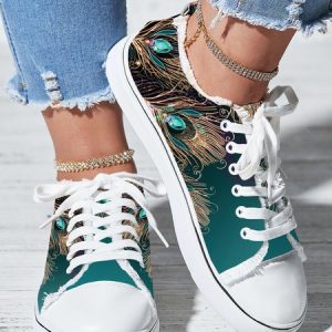 Casual Peacock Feather Print Ombre Raw Hem Lace-Up Canvas Shoes, Sneakers, color:As Picture|size:43, JustFashionNow