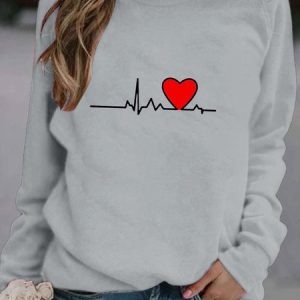Casual Crew Neck Heart/Cordate Sweatshirt, Hoodies & Sweatshirts, color:Gray|size:3XL, Noracora