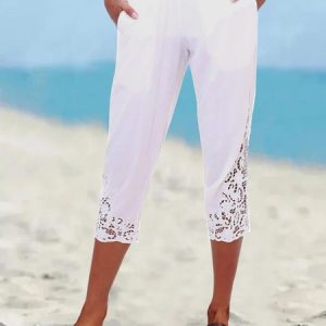 Plain Casual Lace Pants, Pants, color:White|size:XXL, JustFashionNow