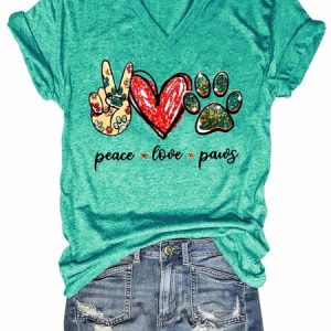 Women's Animal Dog Peace Love & Paws Graphic T-Shirt, color:Green|size:3XL, Lilicloth.com