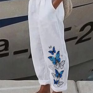 Butterfly Printed Casual Pants, Pants, color:White|size:XXL, JustFashionNow