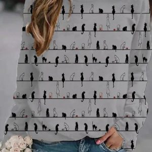 JFN Round Neck Cat Casual T-Shirt, Sweatshirts & Hoodies, color:Gray|size:XXL, JustFashionNow