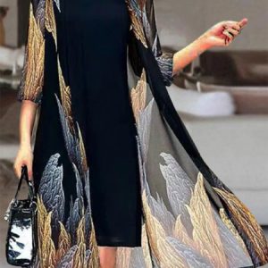 Women Random Print Others Three Quarter Sleeve Comfy Casual Coat With Skirt Two-Piece Set, Sets, color:Black|size:4XL, Noracora
