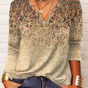 Notched Ethnic Loose Casual Shirt, color:Beige|size:XXL, Lilicloth.com