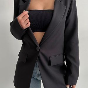 Women's Urban Casual Plain Mid Length Blazer Commuter Clothing, Blazers, color:Black|size:XXL, JustFashionNow