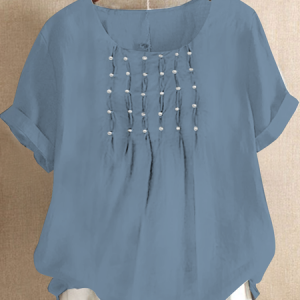 Cotton And Linen Linen Crew Neck Shirt, Shirts & Blouses, color:Blue|size:XXL, JustFashionNow