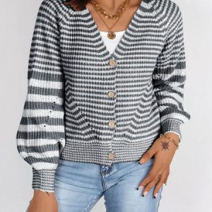 Women Yarn/Wool Yarn Striped Long Sleeve Comfy Casual Cardigan, Cardigans, color:Deep Gray|size:XL, Noracora