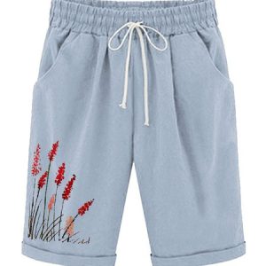 Women‘s Floral Knee Length Bermuda Shorts Plus Size Casual Summer Loose Fit Long Shorts Elastic Waist Shorts with Pockets, color:Blue|size:XXL, Lilicloth.com