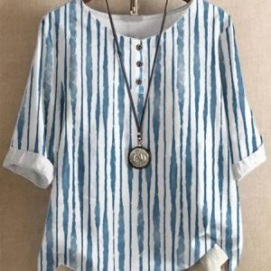 Crew Neck Loose Casual Striped Shirt, Shirts & Blouses, color:Blue|size:XXL, JustFashionNow
