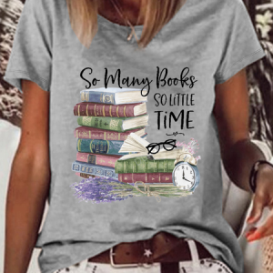 Women's So Many Books SO Little Time Cotton-Blend Cat Casual T-Shirt, T-shirts, Lilicloth.com