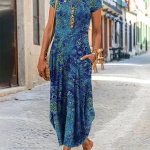 JFN Round Neck 
Paisley Ombre Vacation Maxi Dress, Casual Dresses, color:Blue|size:XXL, JustFashionNow
