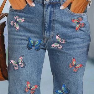 Casual Butterfly Denim Embroidery Denim Shorts, Shorts, color:Blue|size:XXL, JustFashionNow