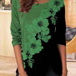 Round Neck Long Sleeve Loose Top in Contrast Floral Design, T-Shirts, color:Green|size:XXL, JustFashionNow