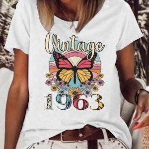 Women's Vintage 1963 Butterfly Crew Neck Casual T-Shirt, color:White|size:3XL, Lilicloth.com
