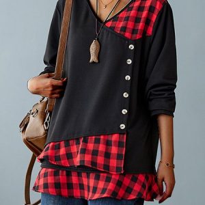 Asymmetrical Long Sleeve Plaid Buckle Regular Loose Shirt For Women, Blouses, color:Red|size:XL, Noracora