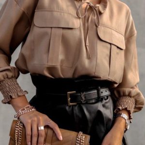 Regular Fit Casual Blouse, Shirts & Blouses, color:Khaki|size:XXL, JustFashionNow
