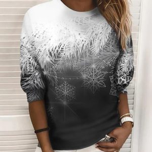 Women Christmas Crewneck Sweatshirt Fashion snowflake Print Long Sleeve Shirt Casual Loose Fit Top, Sweatshirts & Hoodies, color:Gray|size:XXL, JustFashionNow