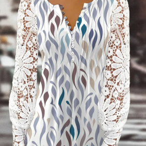 V Neck Color Block Lace Casual Top, Shirts & Blouses, color:White|size:XXL, JustFashionNow